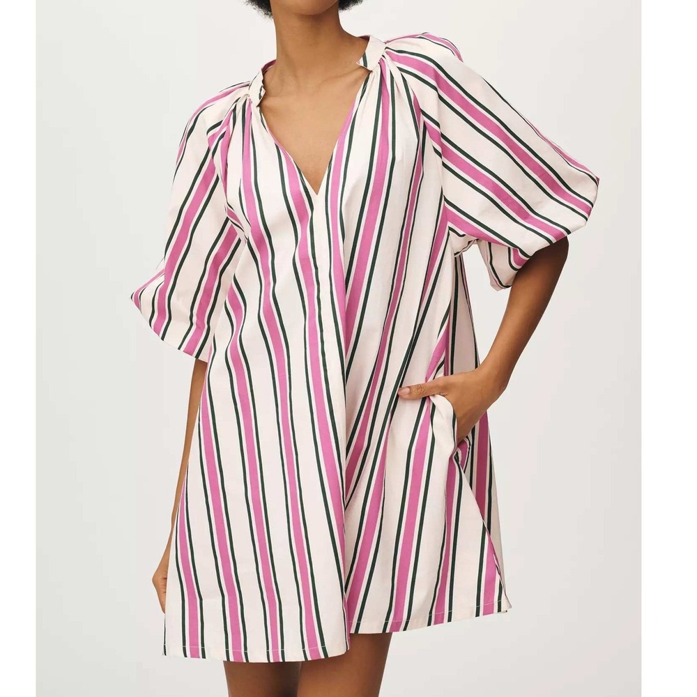Bel Kazan XS/S Puff Sleeve Striped Mini Kaftan Cotton V-Neck Boho Relaxed Anthro